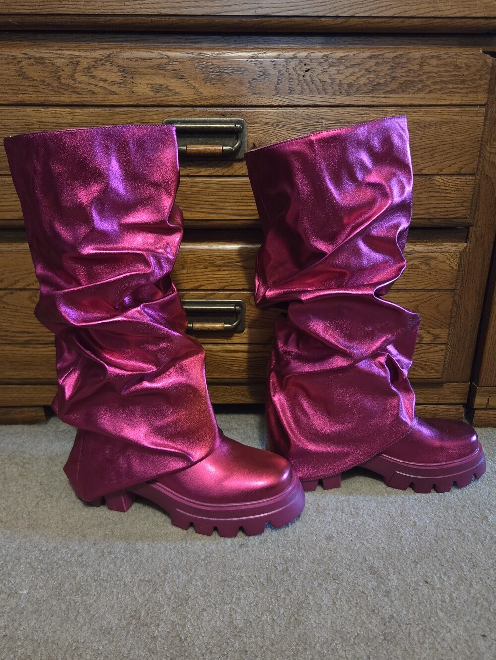 Metallic Mid Calf Pull-On Fit Boots Scrunched Foldover Chunky Platform 9